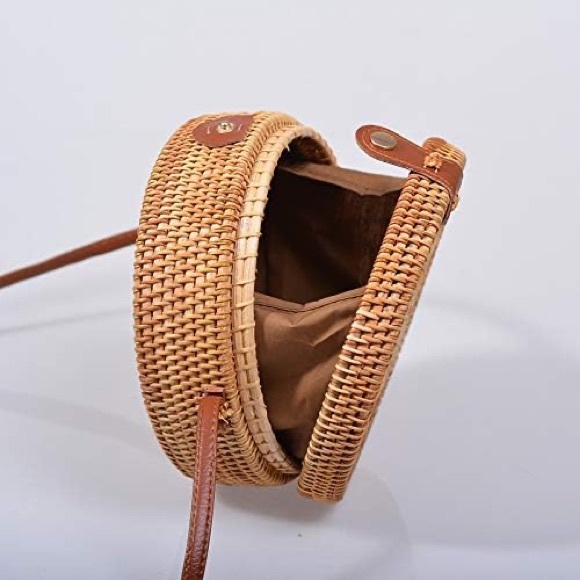 Ratton Straw Round Basket Crossbody Purse Snap Closure - Picture 4 of 10